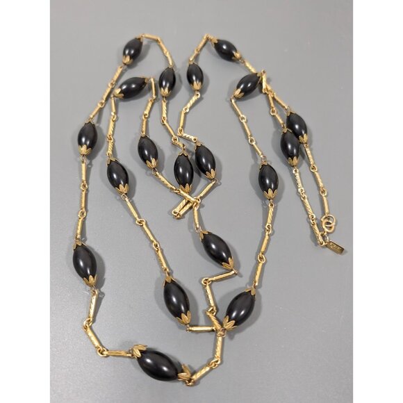 Tammey Jewels Jewelry - Vintage Tammey Jewels Black Bead Gold Tone Long Necklace 54" Oval Beads Linked